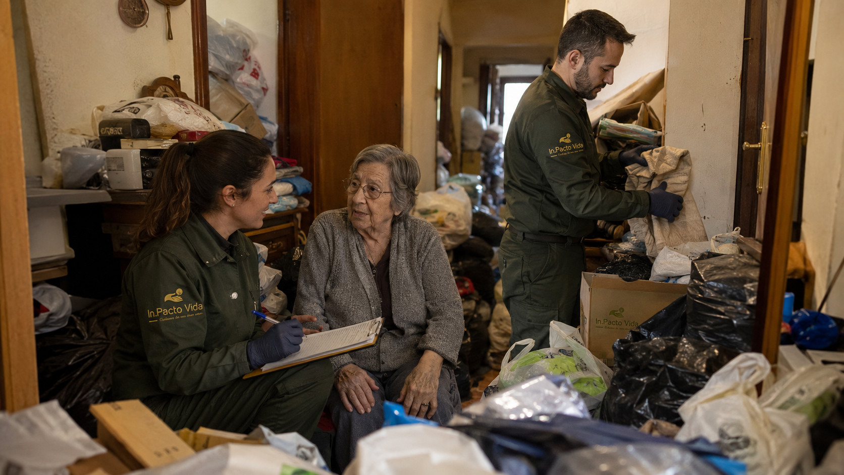 Equipa IN.Pacto Vida em limpeza profunda — habitação com insalubridade grave